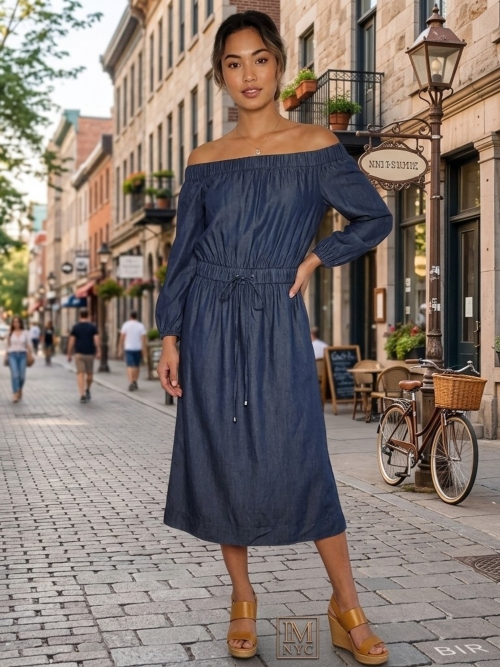 IM NYC Isaac Mizrahi Off-The-Shoulder Denim Midi Dress Blue Sz: XS